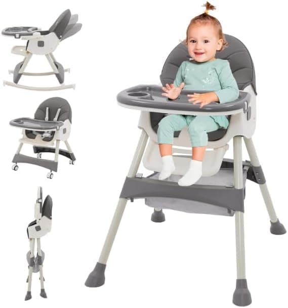Baby High Chair 3-in-1 Foldable Adjustable Convertible Feeding Chair Babies and Toddlers Portable Booster Seat Rocking Chairs Reclining Seat with PU Cushion,Footrest and Double Tray(grey)