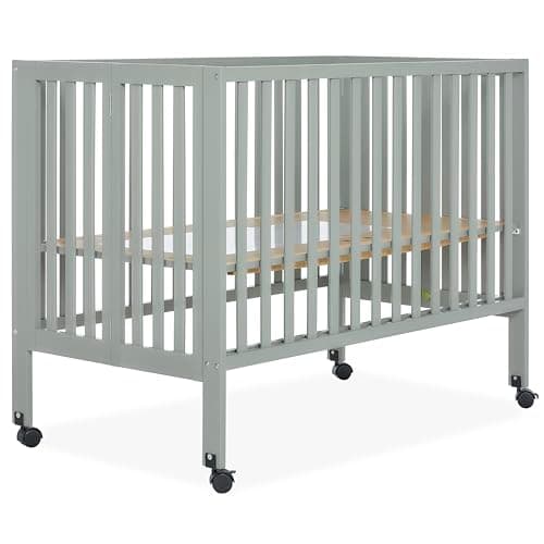 Dream On Me Quinn Full-Size Folding Crib in Cool Grey, Features Removable Wheels, Adjustable Mattress Support, and Patented Folding System, Modern Nursery