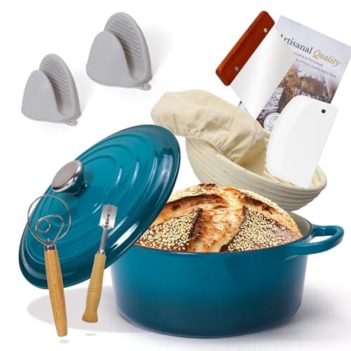 5QT Enameled Cast Iron Bread Oven with Proofing Basket for Sourdough Bread Baking, Bread Making Supplies Tools,Heavy-Duty Cookware for Braising, Stews, Roasting, Bread Baking (Darkcyan)