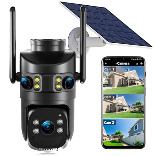 Triple Lens Solar Camera Surveillance Exterieur, 5G & 2.4G WiFi, 360° View Pan/Tilt Security Cameras Wireless Outdoor with 6MP Color Night Vision, PIR Motion Alarm, Spotlight Siren, 2-Way Audio