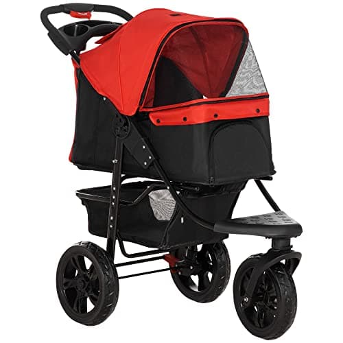 PawHut Dog Stroller, 3-EVA Wheels Pet Stroller Cat Stroller with Adjustable Canopy, Storage Basket, Safety Leashes, Brake, Mesh Windows, Cup Holder, for S and M Dogs, Cats, Red