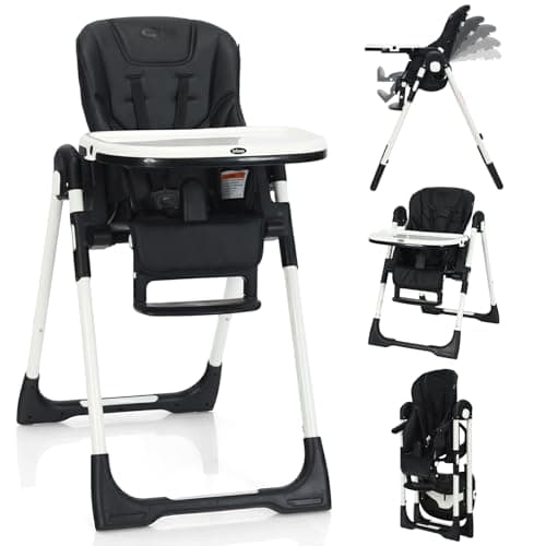 INFANS High Chair for Babies & Toddlers, Foldable Highchair with Multiple Adjustable Backrest, Footrest and Seat Height, Removable Tray, Detachable PU Leather Cushion, Built-in Rear Wheels (Black) (Black)