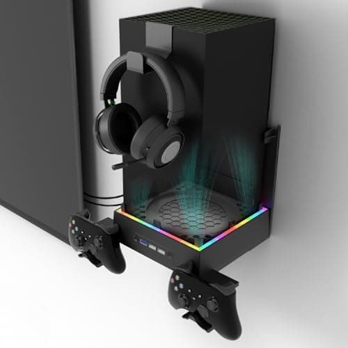 Wall Mount for Xbox Series X with Cooling Fan, JDGPOKOO 5 in 1 Wall Mount Kit for Xbox Series X, Low Noise Cooling Fan with 7-Modes RGB Light Strip & Touch Switch, 3 Level Speed, 3 USB Port, 3 Hooks
