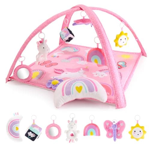 The Peanutshell Baby Girl Play Gym & 7-in-1 Play Mat - Playmat Baby Toys 0-6, 6-12 Months Tummy Time Mat with Hanging Toys, Soft Padded Mat for Newborns, Infants - Rainbow Paradise