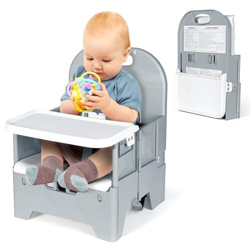 Orzbow Foldable Booster Seat with Dining Tray for Baby, Dining Table, Camping, Beach and Family Visits, Portable Kitchen Booster Chair, Baby Chair for Travel, 6-36 Months Up to 15 kg Toddler, Grey