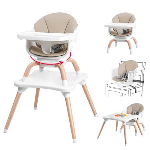 Komcot Baby High Chair, 7 in 1 Convertible High Chairs for Babies and Toddlers, Kids Learning Table, Building Block Table, Toddler Dining Chair with 360° Rotating Seat, 5-point Safety Harness (Khaki)