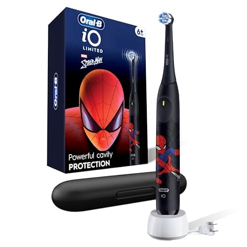Oral-B iO Kids Limited Rechargeable Electric Powered Toothbrush, Spiderman with 1 Gentle Care Brush Head - Automatic Pressure Sensor to Protect Gums - 3 Cleaning Settings - 2 Min Music Timer - Travel Case - 28 Day Battery Life