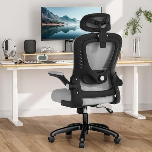 Office Chair, SPRDENG Ergonomic Office Chair with Two-Way Adjustable Lumbar Support & Headrest, High Back S-Shaped Computer Chair with Flip-up Padded Armrests, Swivel Task Chair for Home Office