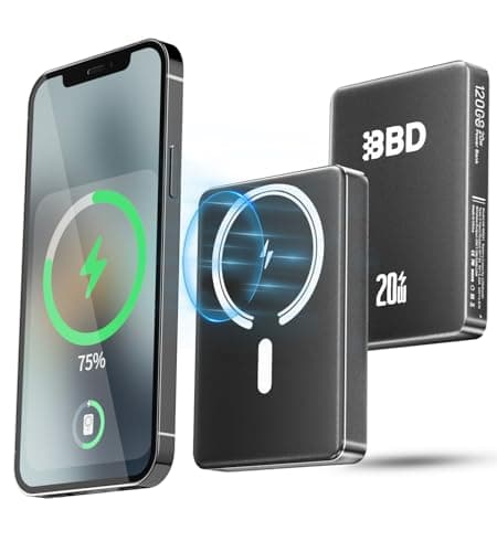 BBD 12000mAh Magsafe Power Bank for iPhone,Wireless Power Bank With 20w Fast Charger,Magsafe Battery Pack With Cable USB C In&Out,Slim Magnetic Portable Charger For Iphone 17/16/15/14/13 Series 1 Pack