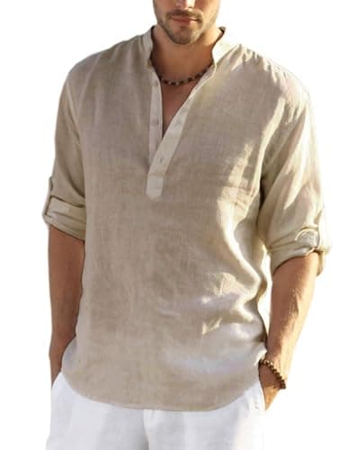 Men's Cotton Linen Henley T-Shirts Long Sleeve Hippie Casual Beach Fashion T-Shirts, Khaki, XX-Large