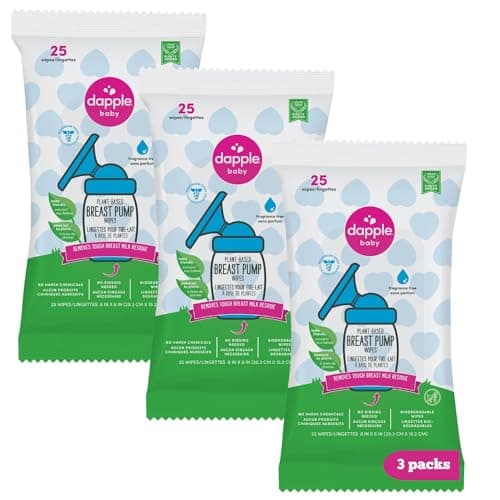 Dapple Baby Breast Pump Wipes, 25 Count (Pack of 3), Fragrance Free, Plant-Based & Hypoallergenic – Removes Milk Residue, Leaves No Taste