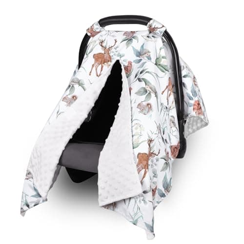 TANOFAR Baby Carseat Canopy, Peekaboo Opening Car Seat Canopy for Babies, Soft and Breathable Infant Carrier Canopy, Multi-use Baby Carrier, Stroller, Nursing Cover, Minky Blanket, Animal Leaf
