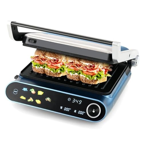 Happygrill Electric Indoor Grill, 1200W Panini Press Griddle w/ 2 Non-Stick Dishwasher-Safe Plates, 7 Grilling Modes, LED Display & Drip Tray, Open Flat Teppanyaki Grill w/Independent Temp Control