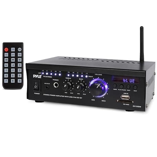 Pyle Bluetooth Computer Speaker Amplifier - 2x120 Watt Home Stereo Power Amplifier Home Audio Receiver System W/Blue Led Display, USB/SD, AUX, RCA, Headphone Jack - Remote - PCAU46BA