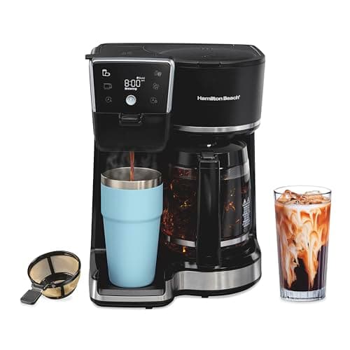 Hamilton Beach 2-Way Programmable Iced/Hot Coffee Maker, Single Serve & 12 Cup Drip Coffee Maker, AquaFlow Showerhead, 6 Brew Settings, Glass Carafe, Black (47500J)
