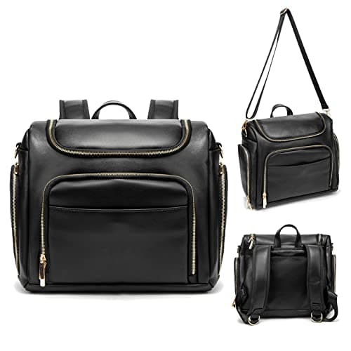 Beaulyn Leather Diaper Bag Backpack, 5-in-1 Travel Back Pack Tote with Changing Pad Large Capacity