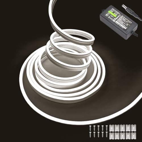 MaxLax White Neon Strip Lights, 16.4ft Cuttable LED Rope Lights, 12V IP65 Waterproof Flexible LED Light Strip with Power Adapter Bedroom, Gaming Room, Outdoor Decor