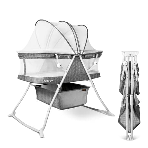 besrey Bassinet for Baby, 3 in 1 Portable Baby Bassinets Bed, Easy Folding Bedside Sleeper Crib, Quick-Fold for Newborn Infant, Compact Storage, Mattress and Mosquito Net Included