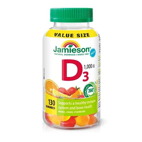 Jamieson Vitamin D3 1,000 IU Gummies, 130 Gummies, Orange, Lemon, and Strawberry Flavours, Supports Immune Health, Strong Bones and Teeth. Vegetarian, Non-GMO, No Artificial Flavours or Colours