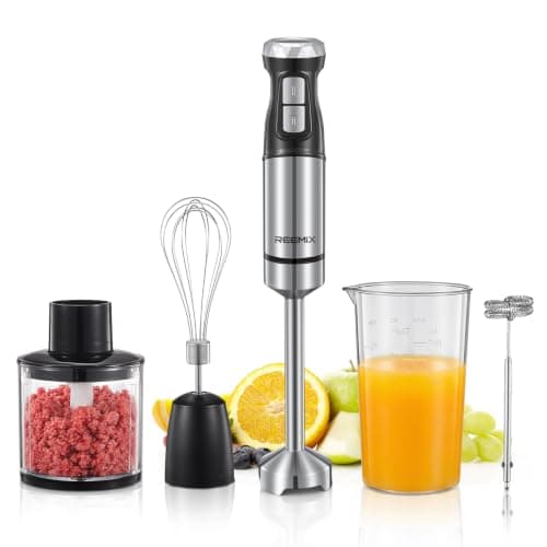 Reemix Immersion Blender Handheld, 5-in-1 Electric Hand Blender Set with Stainless Steel Blending Shaft, Whisk, Milk Frother, Chopper and Beaker, Stick Blender for Soup, Smoothies, Sauces, Baby Food