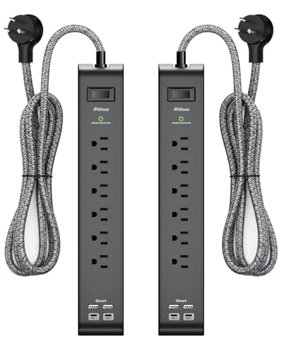 2 Pack Power Bar - Extension Cord with 6 Outlets 4 USB Ports, Surge Protector Heavy-Duty Braided Extension Cords 15A Circuit Breaker Wall Mount for Home Office ETL Listed (5FT, Black)