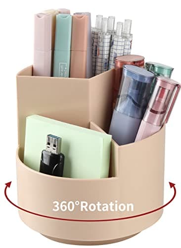 EDENMS Desk Pencil Pen Holder, 3 Slots 360-Degree Spinning Pencil Pen Desk Organizers, Desktop Storage Pen Organizers Stationery Supplies, Cute Pencil Cup Pot for Office, School, Art Supply - Khaki
