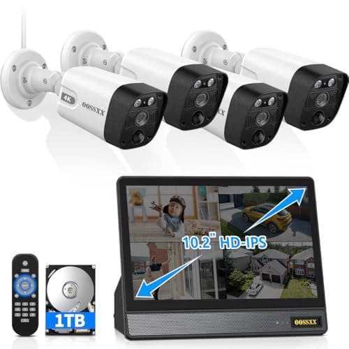 OOSSXX Wired Home Security Camera System with 8CH NVR & 10" IPS Screen, Outdoor Video Surveillance Cameras, AI Human & PIR Detection,No Monthly Fee, Remote Control, 2-Way Audio