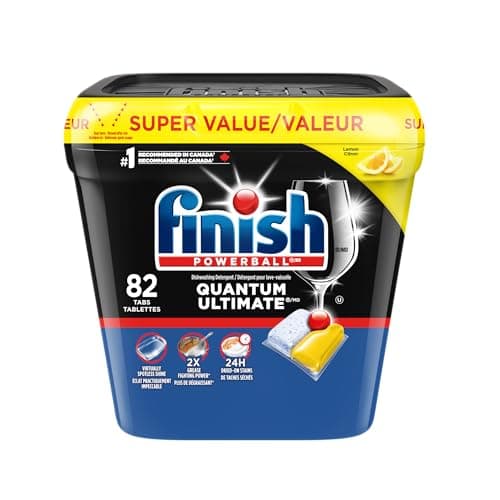 Finish Quantum Ultimate Dishwasher Detergent Pods, 3-Chamber with Powerball, 2X Grease Fighting*, 24H Dried-On Stains, Deep Clean, Virtually Spotless Shine, No Pre-Rinse, Lemon, 82 Tabs