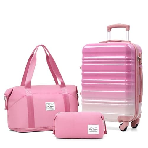 LONG VACATION Carry On Luggage Sets 3 Piece 20 Inch Suitcase Set, ABS+PC Hardshell Lightweight Travel Luggage with Spinner Wheels & YKK Zipper TSA Lock for Travel Esssentials (Pink and White, 20 INCH)