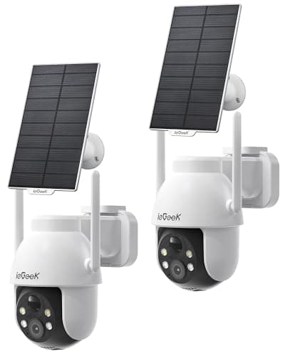 ieGeek Solar Security Cameras Wireless Outdoor, 2K WiFi Camera Surveillance Exterieur, 360°PTZ Cam with 3MP Color Night Vision, PIR Motion Detection, 2-Way Audio, Alarm Alert,Works with Alexa (2 Pack)