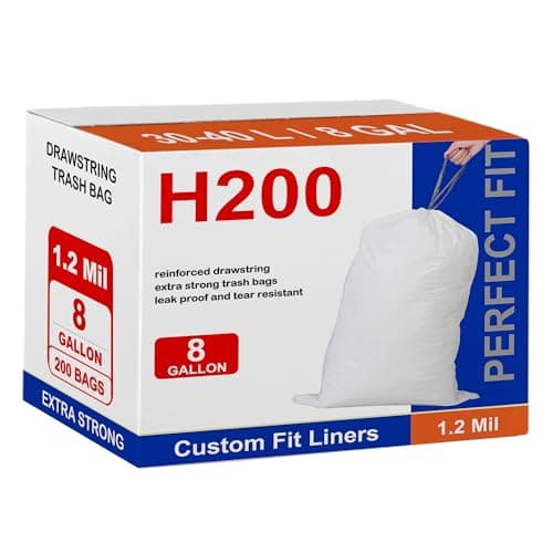 Code H 200 Count 8-9 Gallon Compatible with simplehuman Code H Heavy Duty Drawstring Plastic Trash Bags 1.2 Mil | White Garbage Can Liners 8-9 Gallon/30-35 Liter GRAND SAVE!
