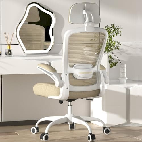 Mimoglad Office Chair, Comfy Desk Chair, High Back Ergonomic Computer Chair with Lumbar Support & Headrest, Flip-up Armrests for Guitar Playing, Swivel Task Chair (Modern, Beige)