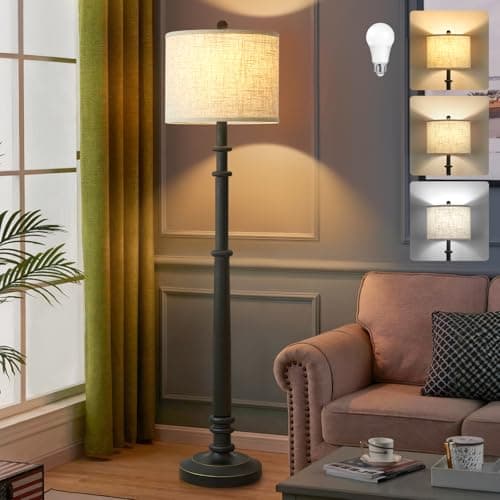 Floor Lamps for Living Room with 3 Color Temperatures - 60" Vintage Farmhouse Floor Lamp - Standing Lamps Reading Light with Linen Shade Rustic Retro Tall Lamp for Bedroom Office (Black, LED Bulb)