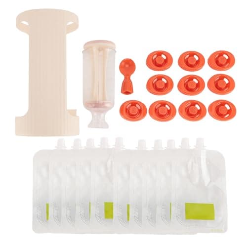 Squeeze Station for Homemade Baby Food Plastic Fruit Puree Baby Food Pouch Filling Maker with 10pcs 118ml Pouches, Dishwasher Safe (Beige White)