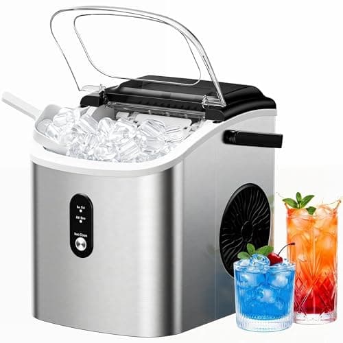 EUHOMY Ice Maker Countertop, Portable Ice Machine with Carry Handle, 26.5lbs Per Day, 9 Cubes in 6 Mins, Auto-Cleaning, with Basket and Scoop, for Home, Kitchen, Camping, RV (Stainless Steel Silver)