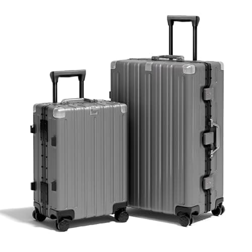 Krute Aluminum Frame Luggage Set 2 Piece PC+ABS Suitcases with TSA Lock & Spinner Wheels, No-Zip Hardshell Travel Set (Gray, 20/28)