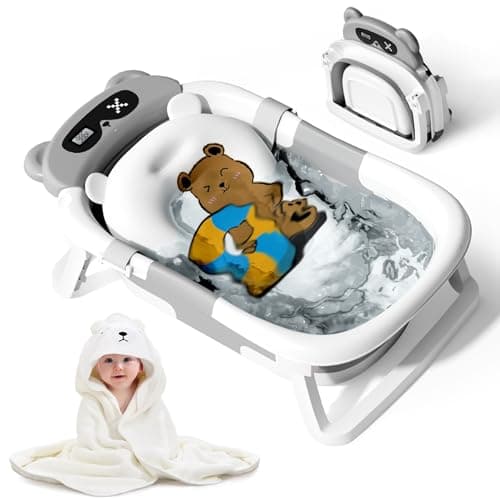 Kerbwry Baby Bathtub for Newborn to Toddler, Baby Bath Tub with Soft Towel and Floating Cushion, Baignoire Pour Bébé, Shower Essentials for Newborn (0-18 Months) Grey