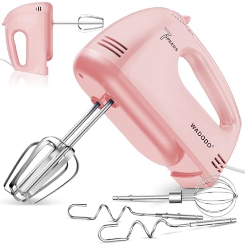 WADODO Electric Hand Mixer, 7-Speed Kitchen Mixer Small Food Mixer with Stainless Steel Accessories (2x Beater, 2x Dough hook, 1x Whisk) for Baking Cakes, Cookies & Cream, Pink