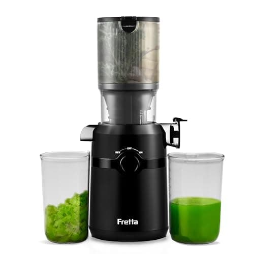 Fretta F5000 Cold Press Juicer, 200W Slow Masticating Juicer with 4.25" Wide Feed Chute, Safety Auto-Stop & Reverse Function, Easy to Clean, BPA-Free, 1L Capacity, Black