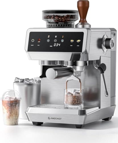 AMZCHEF 20 Bar Semi Automatic Espresso Machine with Built-in Coffee Grinder | 44 Grind Settings & 4-Temperature Control for Hot & Cold Brew | 8mm Milk Frother for Latte, Cappuccino