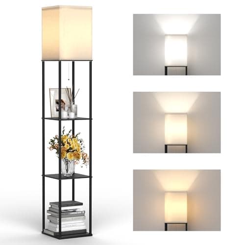 Floor Lamp with Shelves, Modern Square Shelf Lamp with 3 Color Temperature Bulb, Corner Storage Display Bookshelf Standing Floor Lamp for Living Room Bedroom Office-3 Layer