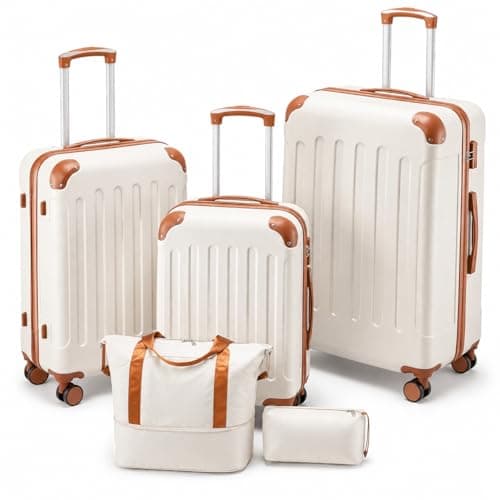 YOETEY Luggage Sets 5 Piece, Lightweight Durable Hardside Suitcase for Travelling with Spinner Wheels & TSA Lock, White Brown
