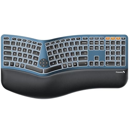 ProtoArc Backlit Wireless Ergonomic Keyboard, EK01 Plus Full Size Ergo Keyboard with Wrist Rest, Split Design, Rechargeable, Bluetooth and USB, Natural Typing Compatible with Windows/Mac/Android, Blue