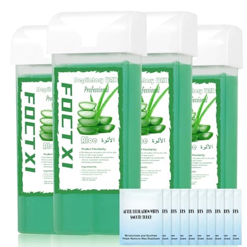 Roll on Wax Cartridge, 4 Hair Removal Aloe Vera Wax Cartridge with 10 Pack Cleaning Oil Wipes, Depilatory Wax Roller Refill for Women Sensitive Skin
