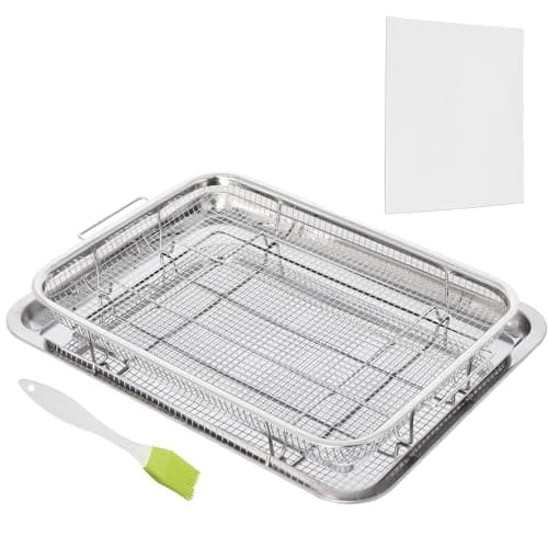Large Air Fryer Basket for Oven, 15.6" x 11.6" Stainless Steel Air Fryer Tray with 60 PCS Parchment Paper and Silicone Oil Brush，Crisper Tray and Pan Set for Baking Grilling Baking Fries Bacon Chicken