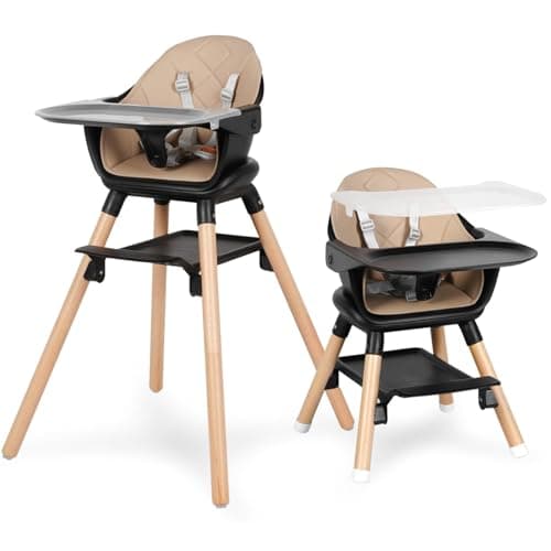 Baby High Chair, 6 in 1 Convertible Wooden High Chairs for Babies and Toddlers, Baby HighChair with Removable Double Tray & Adjustable Footrest