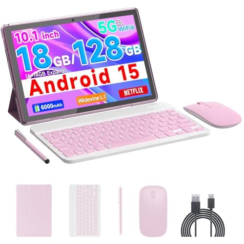 Android 15 Tablet, 10 inch 18GB RAM 128GB ROM, 2.0Ghz Quad-core Processor Tablet, 1280*800 IPS Touch Screen, 2.4G/5G WiFi, 2 in 1 Tablets with Keyboard, Case, Mouse, Stylus, 6000mAh Battery 8MP Camera