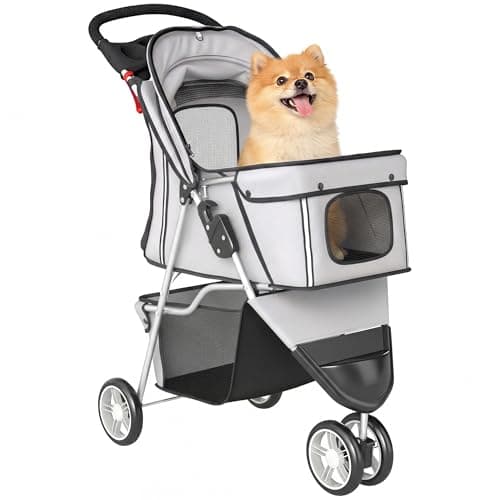 PawHut Cat Stroller, 3 Wheels Foldable Dog Stroller with Storage Basket, Brake, Adjustable Canopy, Cupholders, Pet Stroller for Miniature and Small Dogs Travel, Grey.