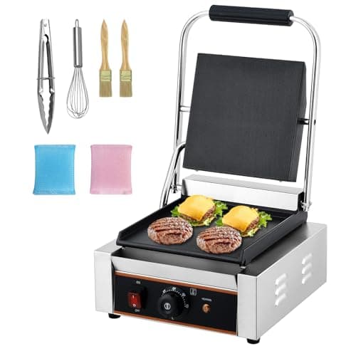 Commercial Panini Grill, 1800W Electric Sandwich Panini Maker,9"x9" Full Grooved/Flat Enamel Plate Stainless Steel Double Sandwichs Press with Handle and Temp Control for Hamburger Steak Bacon