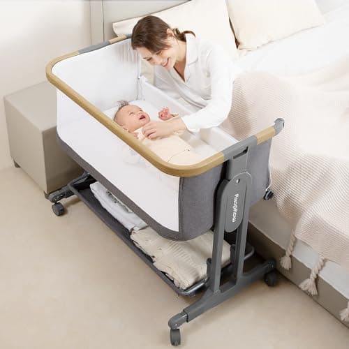 Maydolly 3-in-1 Baby Bassinet Bedside Crib for Newborn & Nursery, T-Shaped Frame Version for Stability, 7-Height Adjustable Sleeper with Breathable Mesh Sides, Storage Basket & Lockable Castors